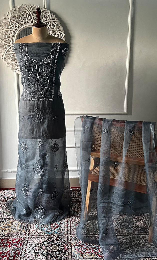 Women's Lakhnavi Handcrafted Pure Organza Chikankari Unstitched Kurta And Dupatta Set- HONC0311247