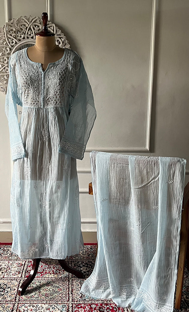 Women's Lakhnavi Handcrafted Mul Chanderi Semi - stitched Chikankari Full Suit Material - HONC0333495