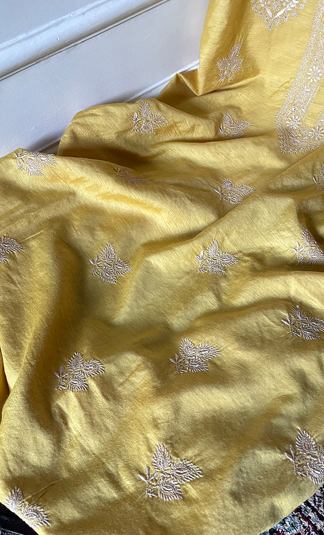 Lucknowi Handcrafted Munga Silk Chikankari Unstitched Men's Kurta Fabric - HONC0327310