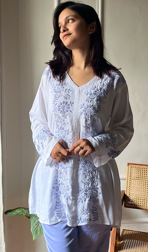 Nasrin Women's Lakhnavi Handcrafted  Modal Cotton Chikankari Top - HONC078596