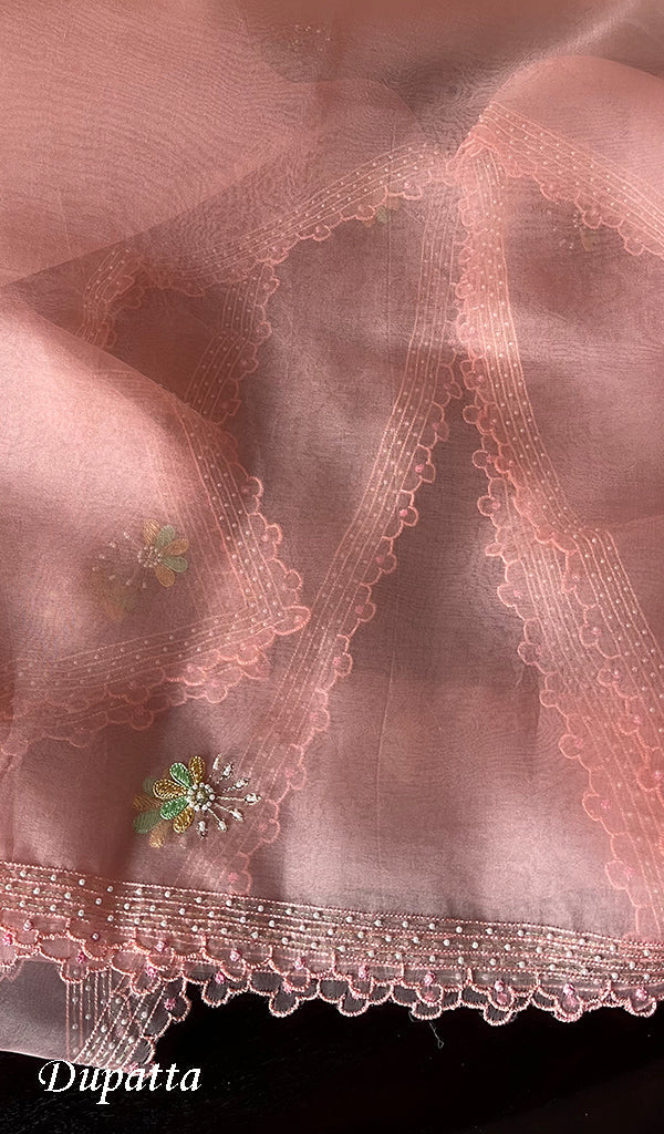 Women's Lakhnavi Handcrafted Pure Organza Chikankari Unstitched Kurta And Dupatta Set - HONC0267224