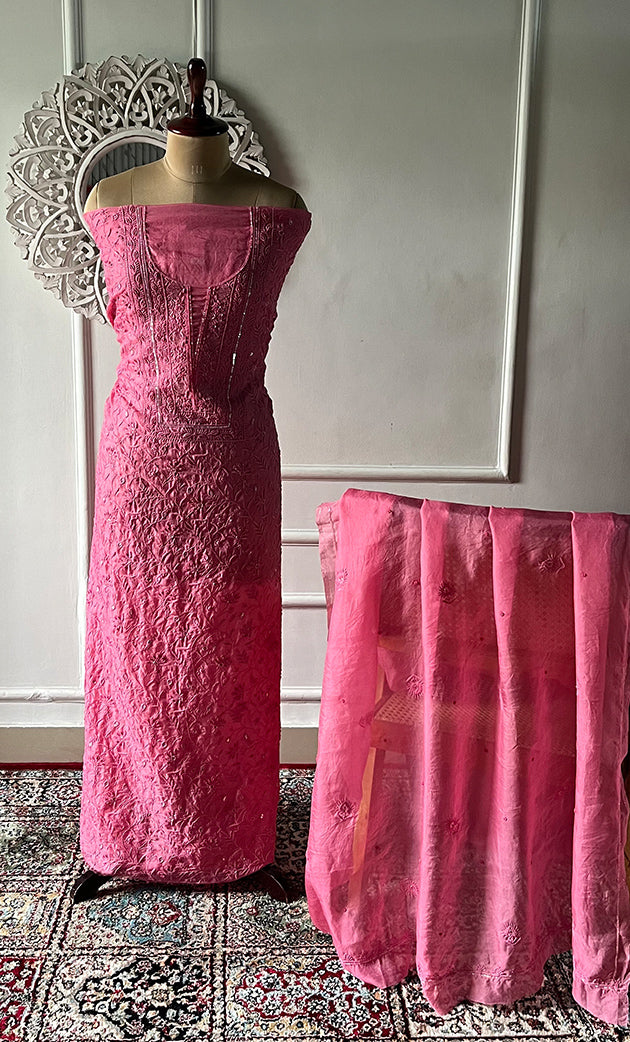 Women's Lakhnavi Handcrafted Pure Organza Chikankari Unstitched Kurta And Dupatta Set- HONC0327846