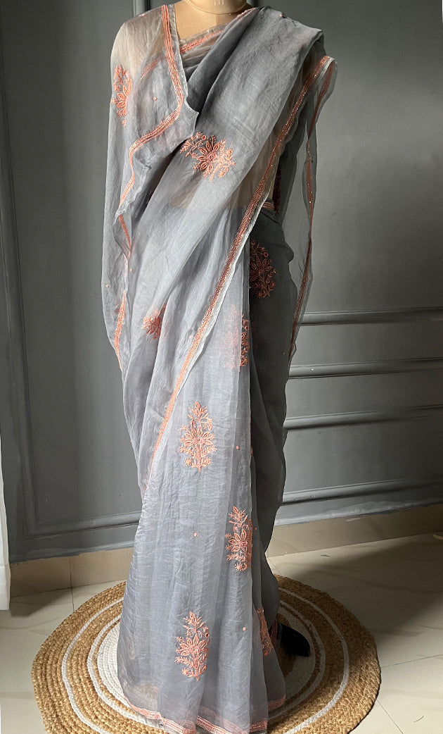 Women's Lucknowi Handcrafted Pure Organza Silk Chikankari Saree - HONC0283196