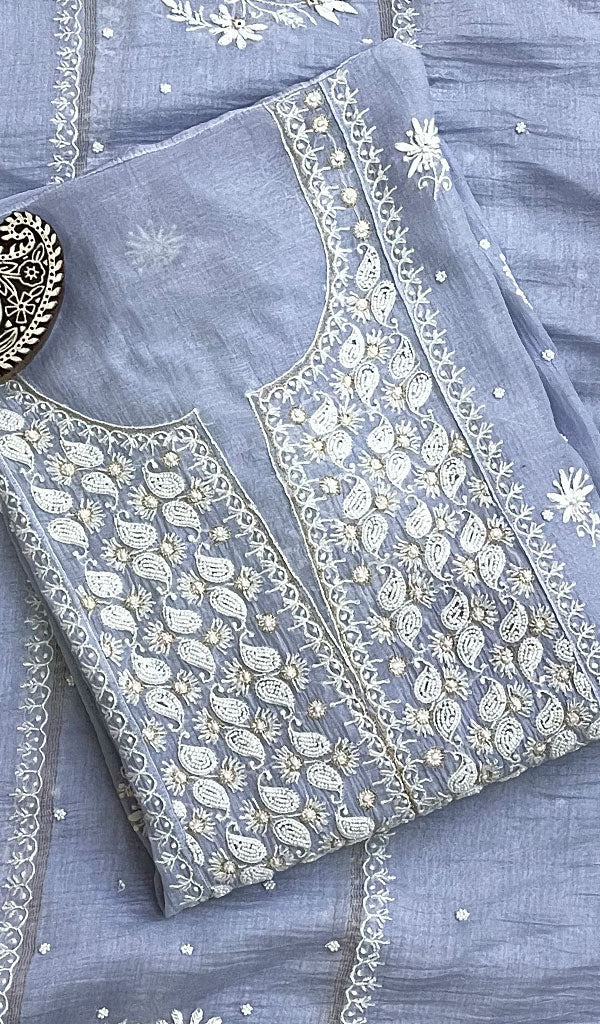 Women's Lakhnavi Handcrafted Mul Chanderi Semi Stitched  Kurta  And Dupatta Set- HONC0203212