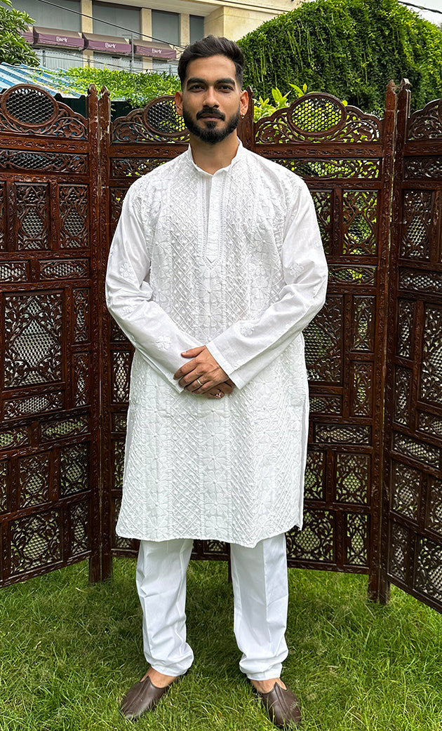Men's Lucknowi Handcrafted Cotton Chikankari Kurta - HONC0295480