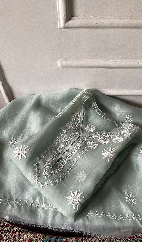 Mayuri Women's Lakhnavi Handcrafted Pure Organza Silk Chikankari Semi - stitched Full Suit Material - HONC0348612