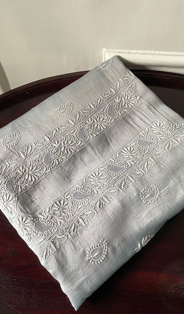 Lucknowi Handcrafted Chanderi Silk Unstitched Chikankari Unisex Kurta Fabric  - HONC0288648