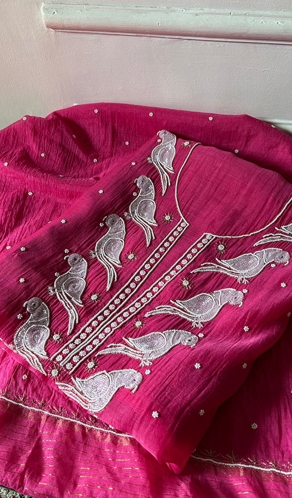 Chidiya Women's Lakhnavi Handcrafted Mul Chanderi Unstitched Chikankari Full Suit Material - HONC0330327