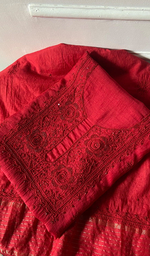 Women's Lakhnavi Handcrafted Mul Chanderi Unstitched Kurta And Dupatta Set- HONC0344194