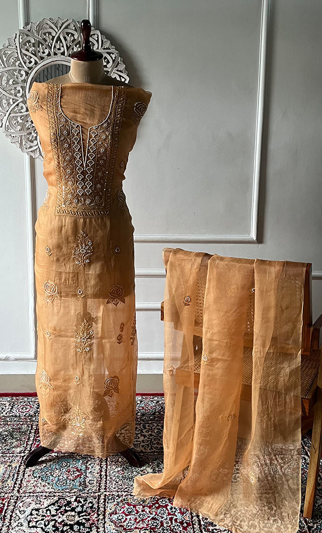 Women's Lakhnavi Handcrafted Pure Organza Chikankari Unstitched Kurta And Dupatta Set- HONC0311700