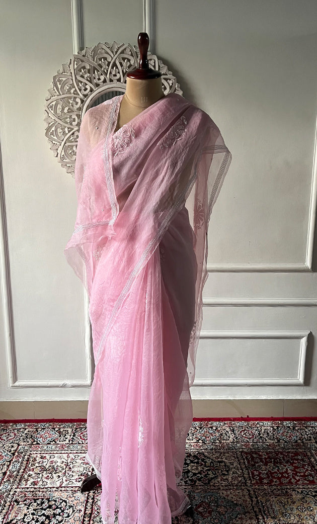 Women's Lucknowi Handcrafted Pure Organza Silk Chikankari Saree - HONC0321771