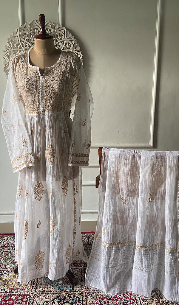 Women's Lakhnavi Handcrafted Mul Chanderi Semi - Stitched Kurta And Dupatta Set - HONC0274495