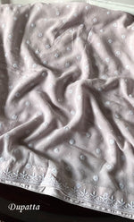 Load image into Gallery viewer, Women's Lakhnavi Handcrafted Pure Silk Georgette Semi - Stitched Chikankari Kurta And Dupatta Set - HONC0323529