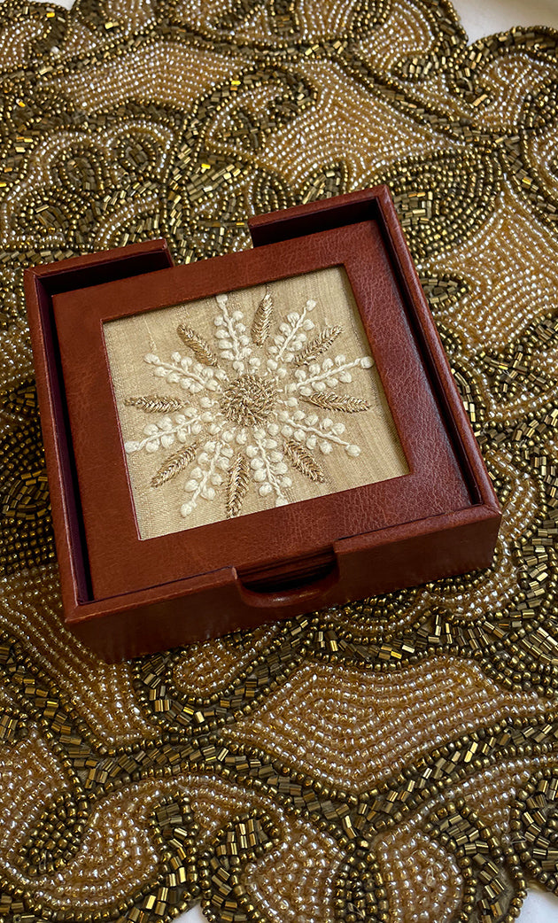 Handcrafted Chikankari Tea Coaster Set with Wooden Holder – Set of 6 - HONC0310084