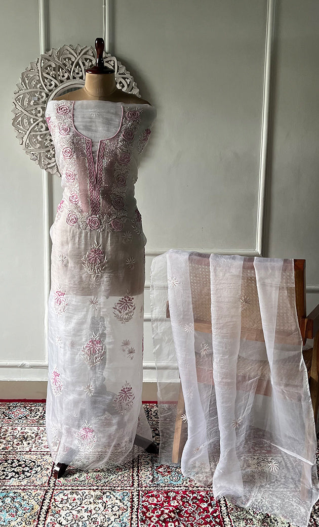 Gulaab Women's Lakhnavi Handcrafted Pure Organza Chikankari Unstitched Kurta And Dupatta Set- HONC0319870