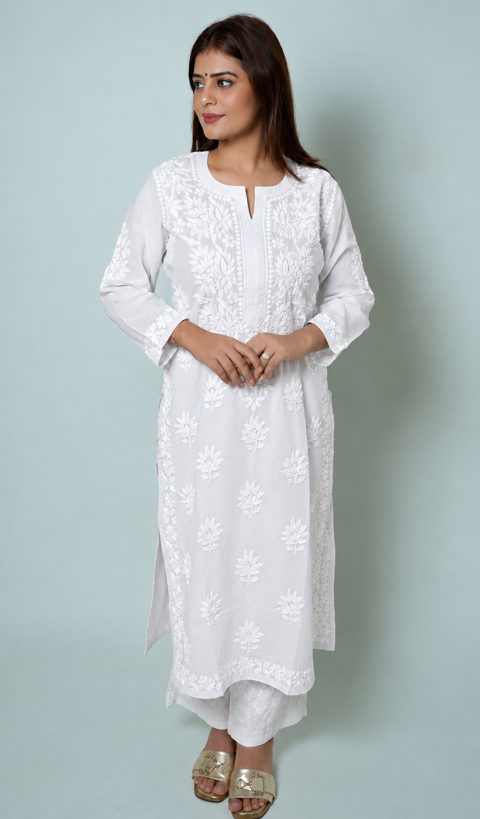 Women's Lucknowi Handcrafted Mul Cotton Chikankari Kurti- HONC0158917