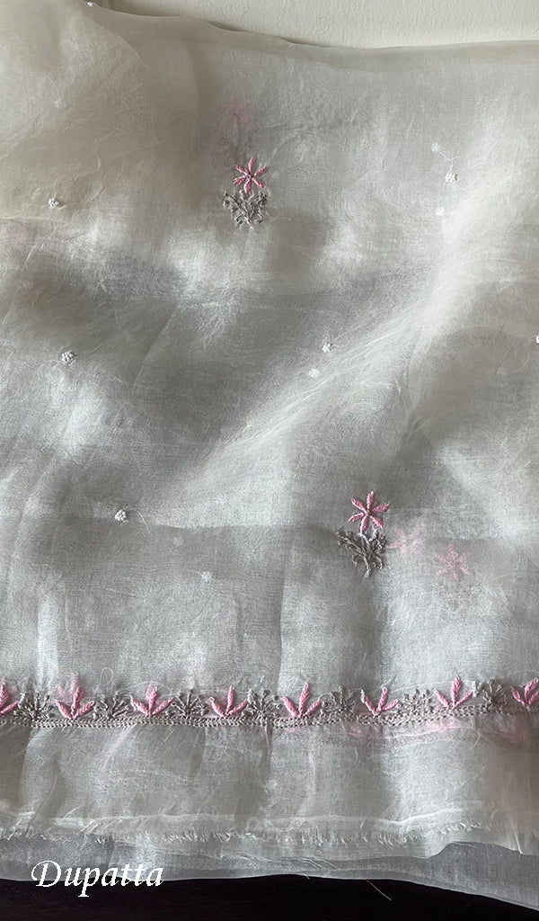 Women's Lakhnavi Handcrafted Pure Organza Chikankari Unstitched Kurta And Dupatta Set- HONC0283112