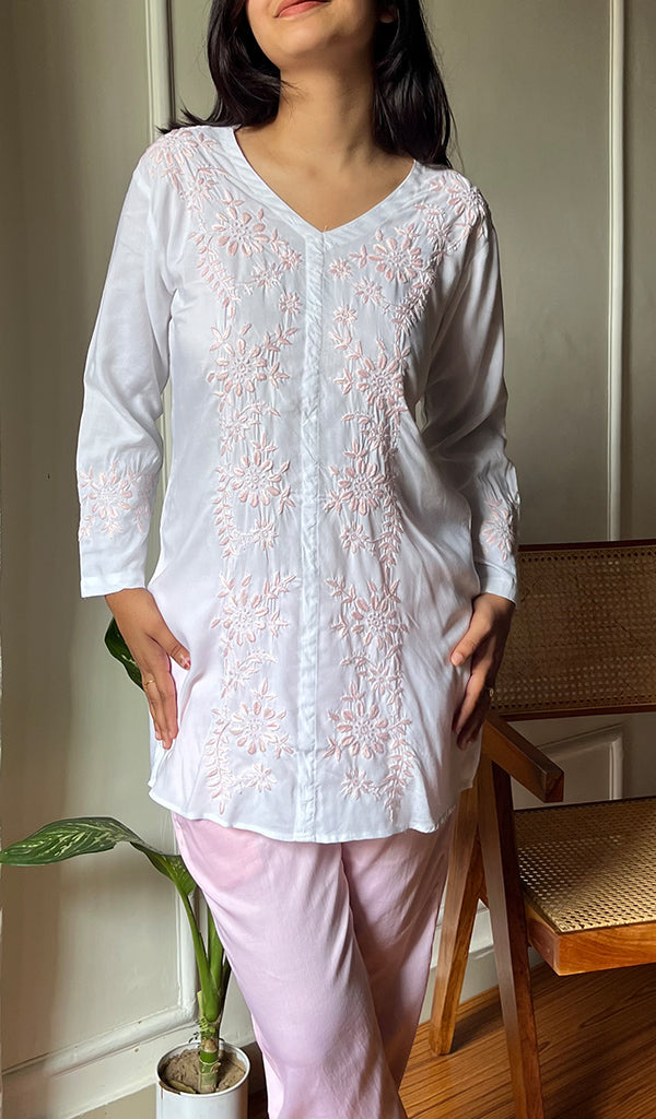 Nazy Women's Lakhnavi Handcrafted  Modal Cotton Chikankari Kurta And Pant Set -  HONC02833834