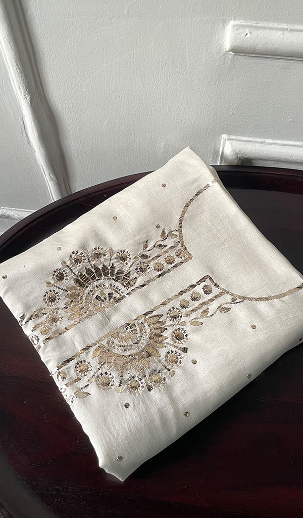 Women's Lucknowi Handcrafted Chanderi Silk Unstitched Chikankari Kurta and Dupatta Set- HONC0254109