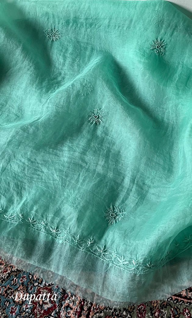 Women's Lakhnavi Handcrafted Pure Organza Chikankari Unstitched Kurta And Dupatta Set- HONC029556