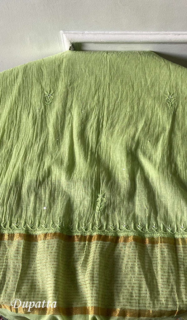 Women's Lakhnavi Handcrafted Mul Chanderi Unstitched Chikankari Full Suit Material - HONC0328111