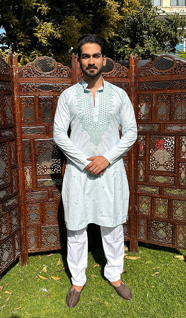 Men's Lucknowi Handcrafted Cotton Chikankari Kurta - HONC0329873