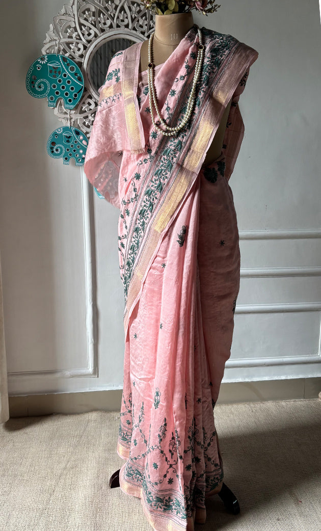 Women's Lakhnavi Handcrafted Chanderi Silk Chikankari Saree - HONC0312052