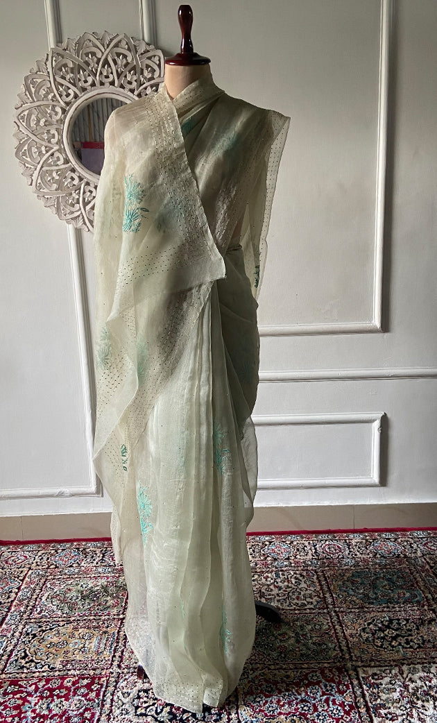 Women's Lucknowi Handcrafted Pure Organza Silk Chikankari Saree - HONC0296104