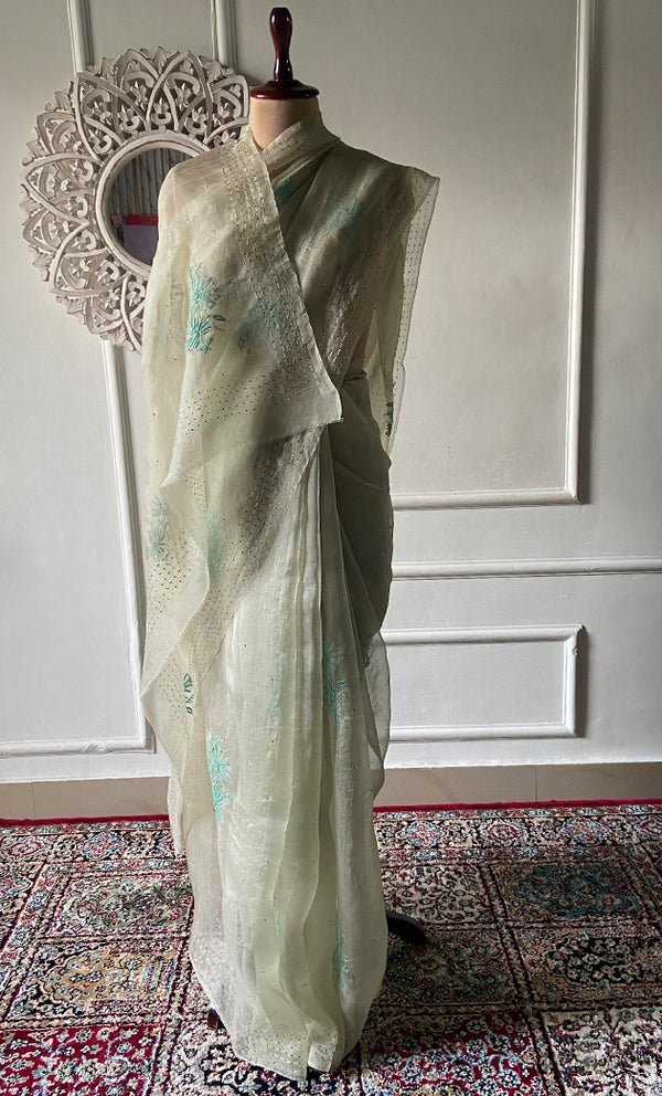 Women's Lucknowi Handcrafted Pure Organza Silk Chikankari Saree - HONC0296104