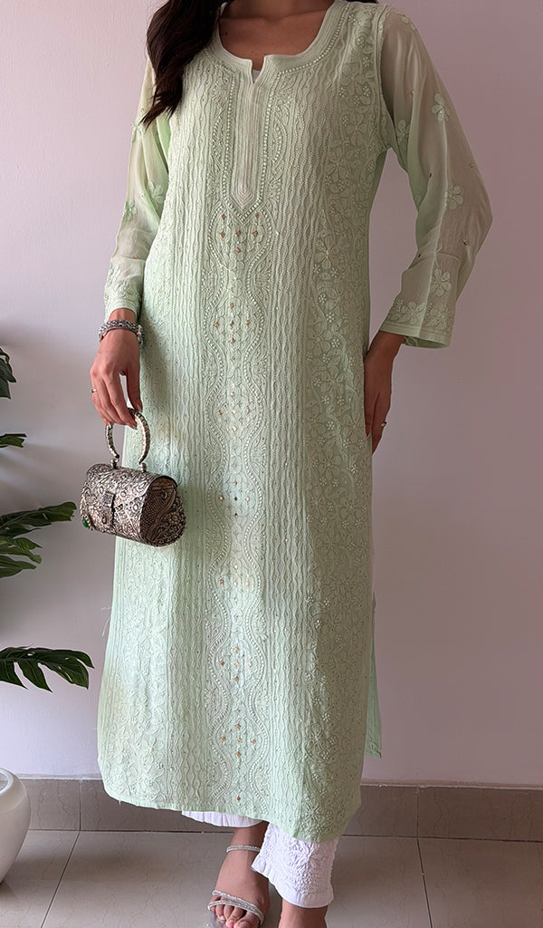 Yusra Women's Lakhnavi Handcrafted Viscose Georgette Chikankari Kurti- HONC0327560