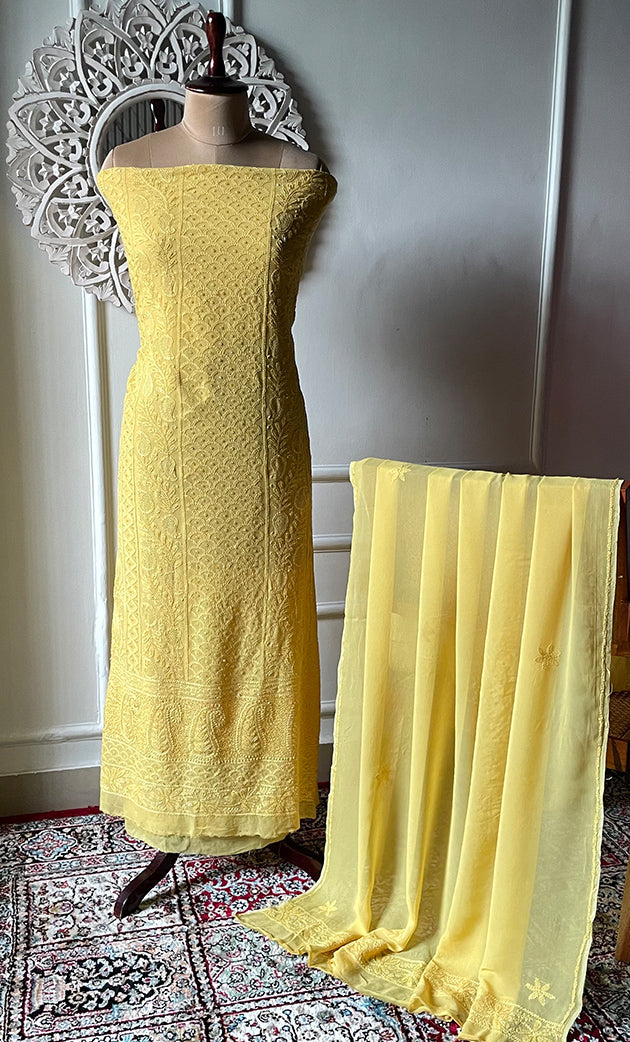 Women's Lucknowi Handcrafted Viscose Georgette Unstitched Chikankari Suit Material - HONC0299914