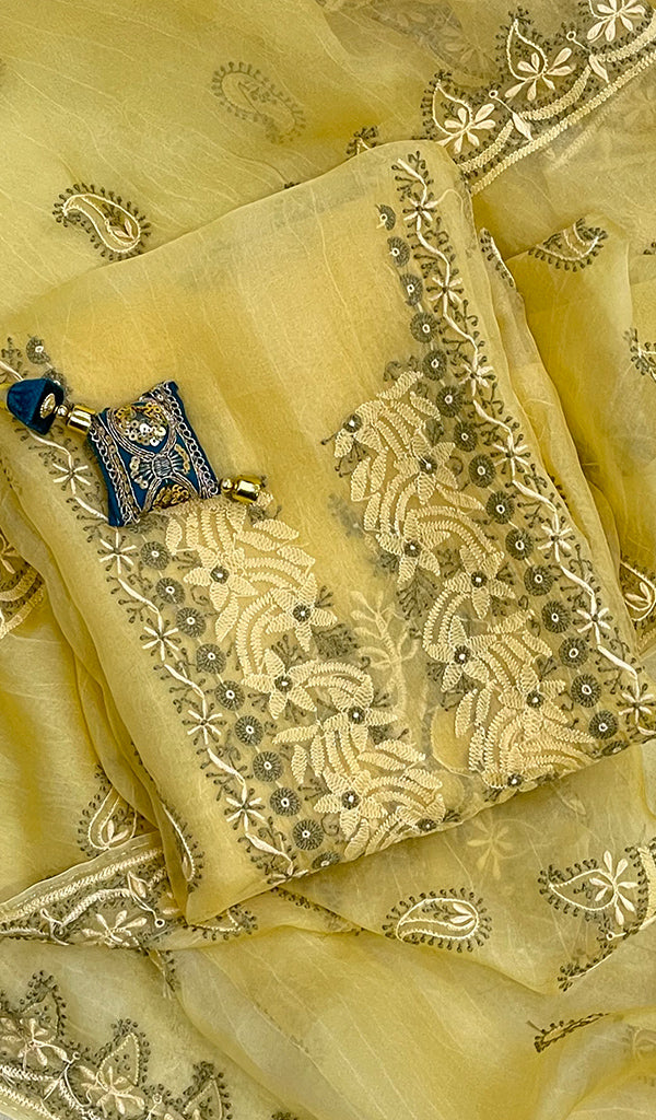 Women's Lakhnavi Handcrafted Pure Organza Chikankari Unstitched Kurta And Dupatta Set - HONC0138700