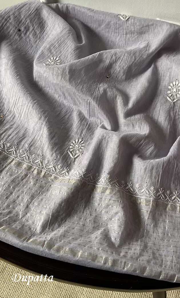 Women's Lakhnavi Handcrafted Mul Chanderi Semi - stitched Kurta And Dupatta Set- HONC0305163