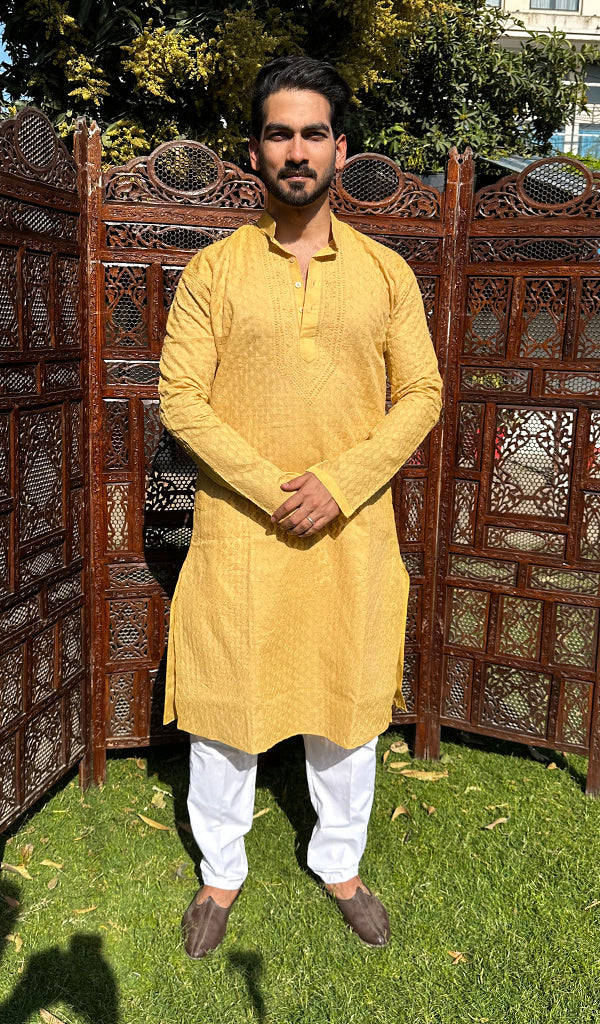 Men's Lucknowi Handcrafted Cotton Chikankari Kurta - HONC02606670