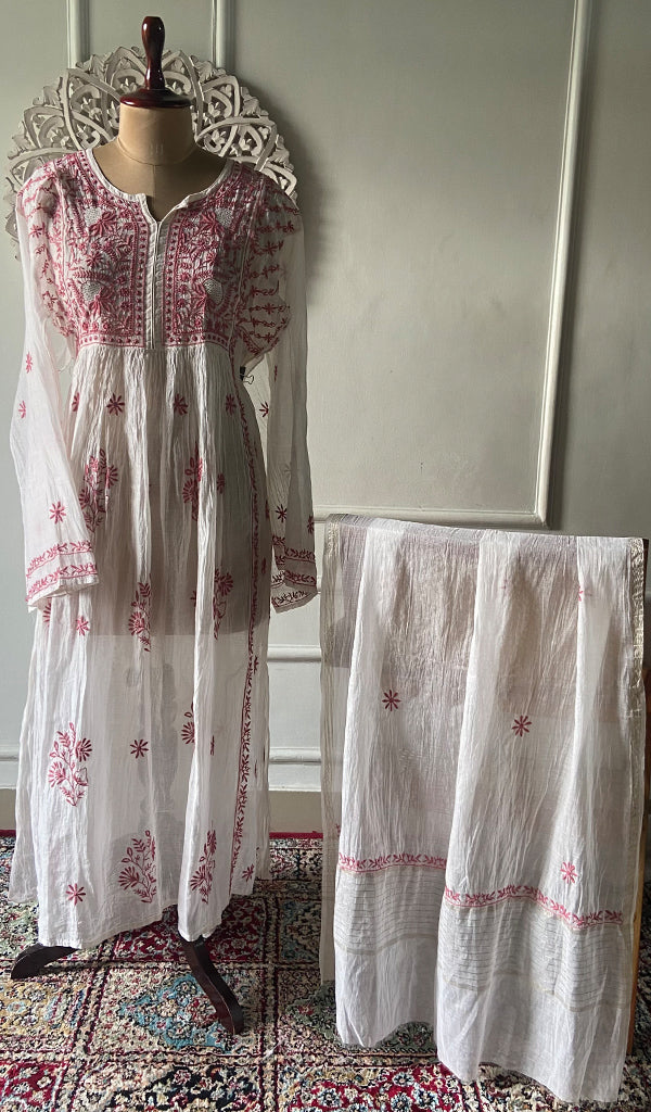 Women's Lakhnavi Handcrafted Mul Chanderi Semi - Stitched Kurta And Dupatta Set - HONC0274497