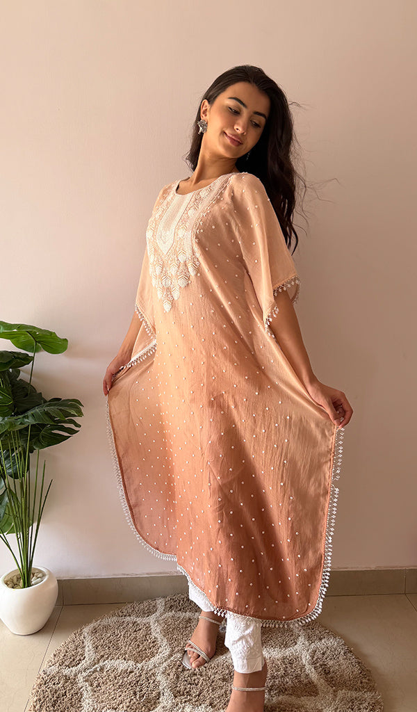 Pragya Women's Lucknowi Handcrafted Mul chanderi Chikankari Kaftan - HONC03615788