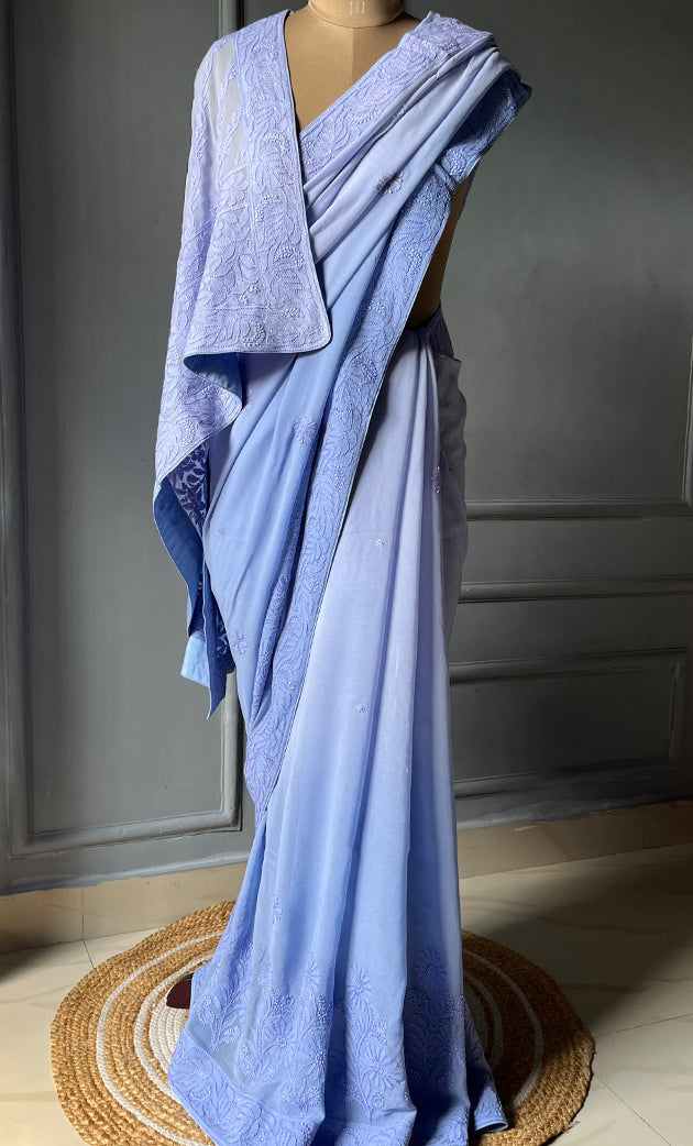 Women's Lakhnavi Handcrafted Viscose Georgette Chikankari Saree - HONC0301801