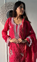 Load image into Gallery viewer, Women&#39;s Lakhnavi Handcrafted Mul Chanderi Chikankari Stitched Kurta, Dupatta And Pant Set - HONC0314455
