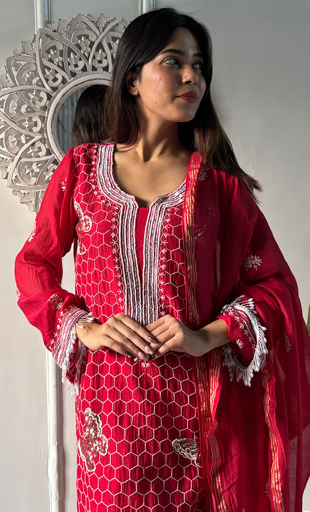 Women's Lakhnavi Handcrafted Mul Chanderi Chikankari Stitched Kurta, Dupatta And Pant Set - HONC0314455