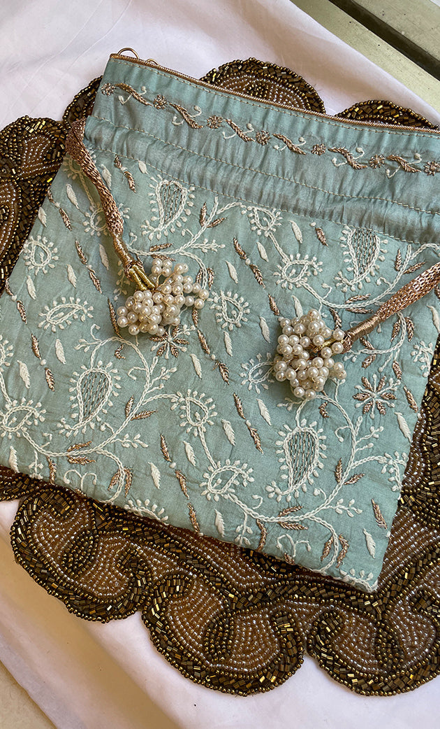 Green Chikankari Embroidered Potli Bag with White Bead Tassels - HONC0317196