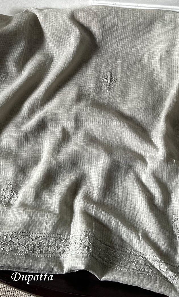 Women's Lakhnavi Handcrafted Kota Cotton Semi - Stitched Kurta And Dupatta Set- HONC0314212