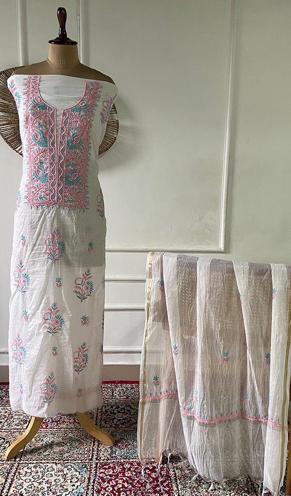 Women's Lakhnavi Handcrafted Mul Chanderi Unstitched Kurta And Dupatta Set- HONC0366813