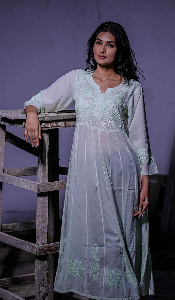 Sabana Women's Lucknowi Handcrafted Muslin Chikankari Anarkali Dress - Sabana Women's Lucknowi Handcrafted Muslin Chikankari Anarkali Dress -