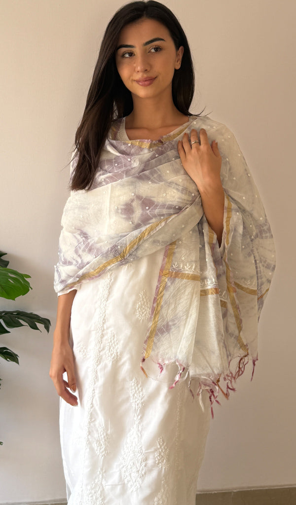 Women's Lakhnavi Handcrafted Mul Chanderi Chikankari Dupatta - HONC0320018