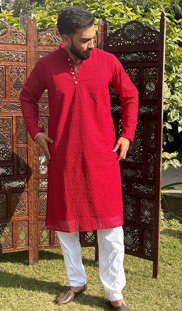 Men's Faux-Georgette Hakoba Kurta - HONC0261819