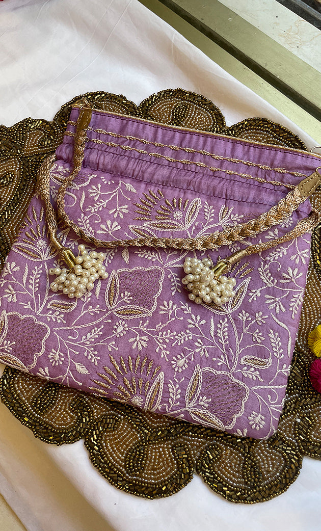 Green Chikankari Embroidered Potli Bag with White Bead Tassels - HONC0317200