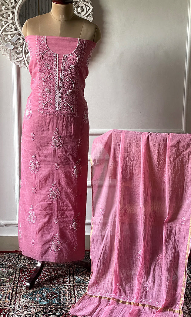 Women's Lakhnavi Handcrafted Mul Chanderi Unstitched Chikankari Full Suit Material - HONC0295753