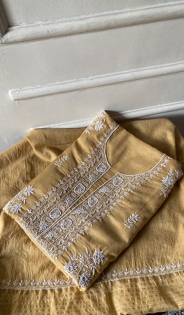 Women's Lakhnavi Handcrafted Mul Chanderi Unstitched Chikankari Full Suit Material - HONC0334957