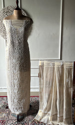 Women's Lakhnavi Handcrafted Tissue Chanderi Unstitched Chikankari Kurta And Dupatta Set - HONC0332771