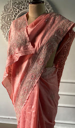 Load image into Gallery viewer, Women's Lakhnavi Handcrafted Tussar Silk Chikankari Saree - HONC0313448